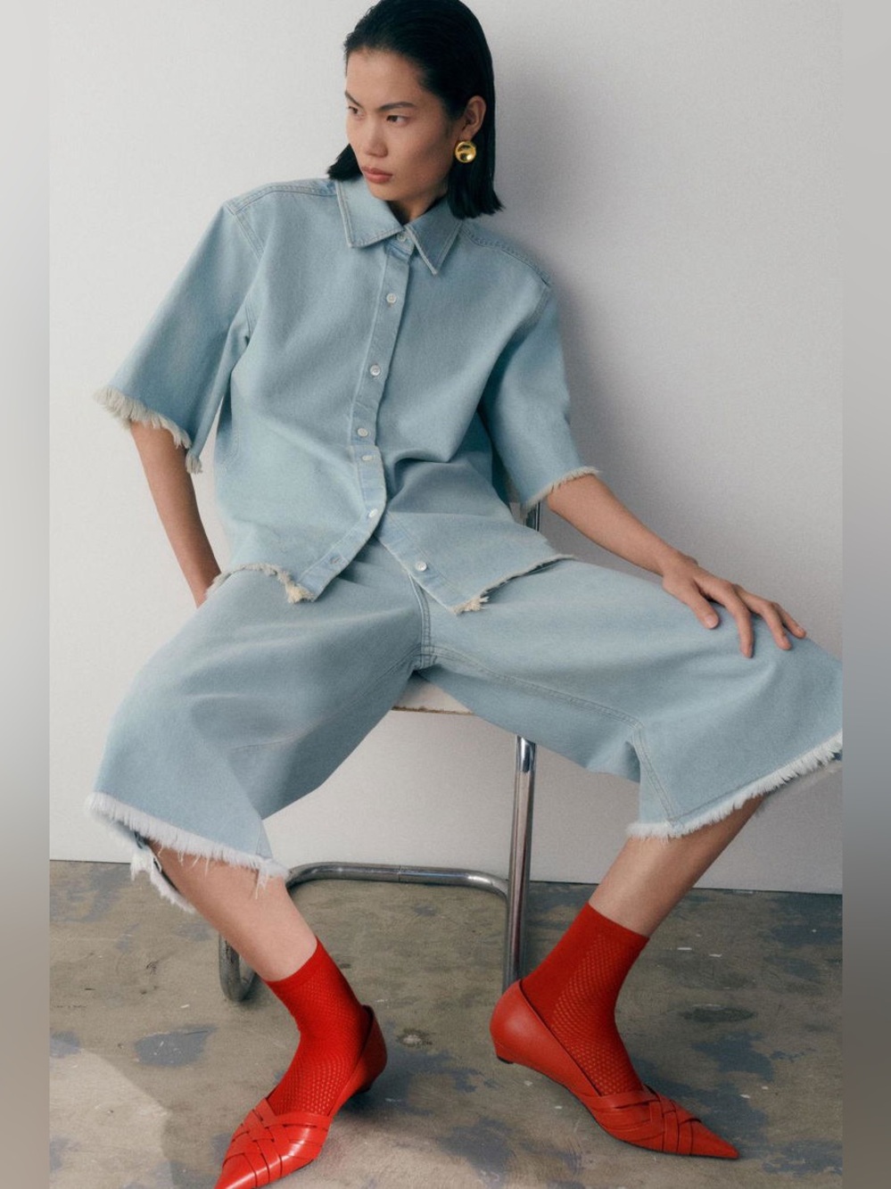 COS Frayed Oversized Longline Denim Pants Shorts Cropped